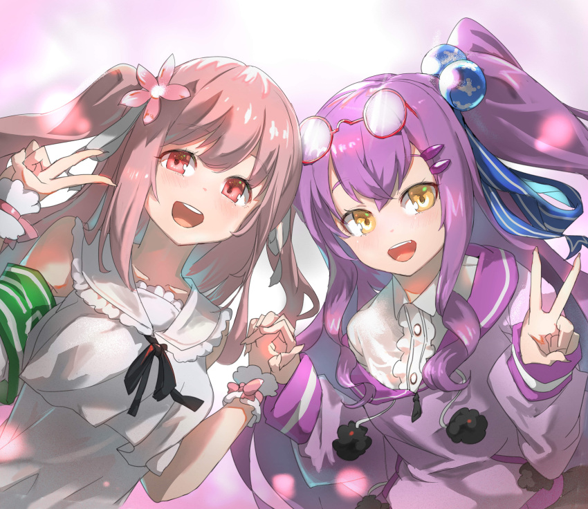 2girls, absurdres, bangs, breasts, collarbone, collared_shirt, eyebrows_behind_hair, eyewear_on_head, flower, glasses, hair_flower, hair_ornament, highres, hinomori_anzu, holding_hands, indie_virtual_youtuber, kohanai_momomi, looking_at_viewer, medium_breasts, multiple_girls, open_mouth, pink_eyes, pink_flower, purple_hair, round_eyewear, ryuugan, sailor_collar, shirt, side_ponytail, two_side_up, v, virtual_youtuber, yellow_eyes