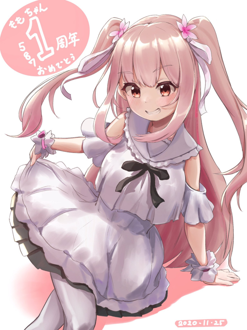1girl, anniversary, bangs, blush, brown_eyes, crossed_legs, dated, dress, dress_pull, eyebrows_visible_through_hair, hand_on_ground, highres, indie_virtual_youtuber, kohanai_momomi, looking_down, pink_hair, sitting, smile, solo, two_side_up, virtual_youtuber, white_dress, wrist_cuffs, zamari_(zashiki_warashi)