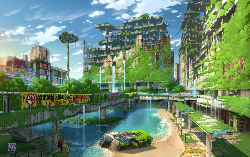 bridge, bus, clouds, destroyed, ground_vehicle, highres, motor_vehicle, no_humans