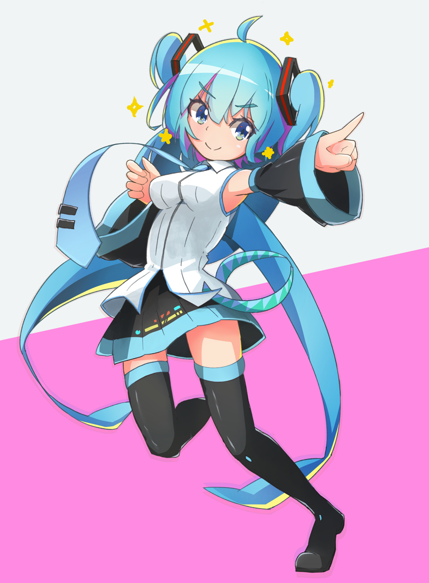 >:), 1girl, ahoge, bangs, bare_shoulders, black_footwear, black_legwear, black_skirt