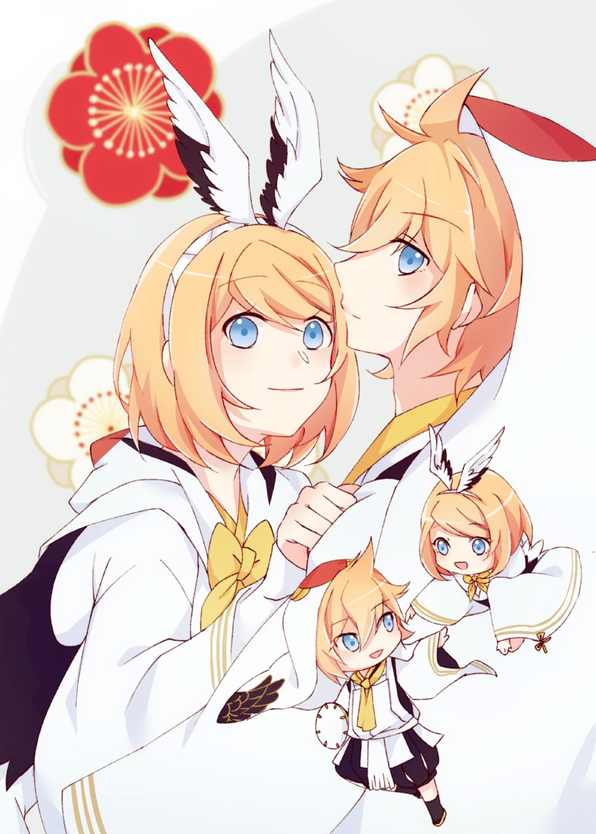 1boy, 1girl, black_shorts, blonde_hair, blue_eyes, cherry_blossoms, chibi, chibi_inset, cino_nov, commentary, feather_print, hairband, highres, hood, hood_up, hooded_kimono, japanese_clothes, kagamine_len, kagamine_rin, kimono, looking_at_viewer, matching_outfit, neck_ribbon, neckerchief, ribbon, short_hair, shorts, sideways_glance, smile, spiky_hair, vocaloid, white_kimono, white_wings, wide_sleeves, wing_hair_ornament, wings, yellow_neckwear, yuki_len, yuki_rin