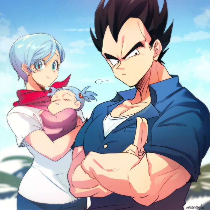 1boy, 2girls, =3, baby, baby_carry, black_eyes, black_hair, blue_hair