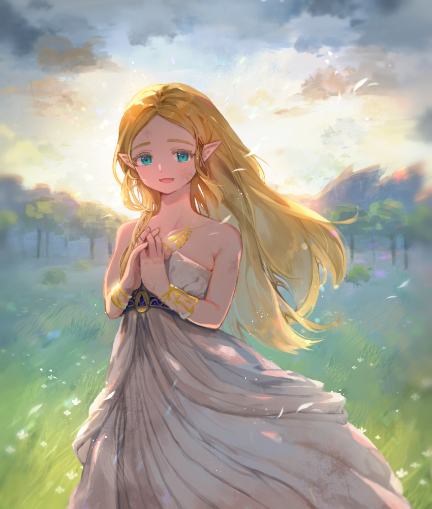 1girl, bangs, bare_shoulders, blonde_hair, blue_eyes, bruise, clouds, collarbone, day, dress, grass, hands_clasped, happy, highres, injury, lliixxxxyy, long_hair, looking_at_viewer, open_mouth, outdoors, own_hands_together, parted_bangs, pointy_ears, princess_zelda, sleeveless, sleeveless_dress, smile, solo, strapless, strapless_dress, the_legend_of_zelda, the_legend_of_zelda:_breath_of_the_wild, tree, white_dress
