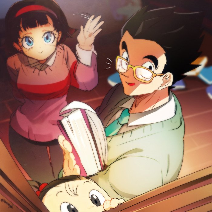 1boy, 2girls, ^^^, aqua_neckwear, arm_behind_back, ass_visible_through_thighs, bangs, black_eyes, black_hair, black_legwear, blue_eyes, blunt_bangs, blurry, blurry_background, book, closed_mouth, collared_shirt, couple, dot_nose, dragon_ball, dragon_ball_super, dress_shirt, dutch_angle, eyelashes, facing_viewer, family, father_and_daughter, fisheye, floor, from_above, glasses, green_sweater, hair_bobbles, hair_ornament, hair_slicked_back, hairband, hand_rest, hand_up, happy, holding, holding_book, husband_and_wife, indoors, light_smile, looking_afar, looking_at_viewer, looking_to_the_side, mother_and_daughter, multiple_girls, necktie, ommmyoh, pan_(dragon_ball), pantyhose, parted_lips, peeking_out, pink_sweater, red_hairband, shaded_face, shirt, short_hair, smile, son_gohan, speed_lines, spiky_hair, striped, striped_sweater, surprised, sweater, tareme, thigh_gap, through_window, twitter_username, very_short_hair, videl, waving, white_shirt, window, wooden_floor, yellow-framed_eyewear