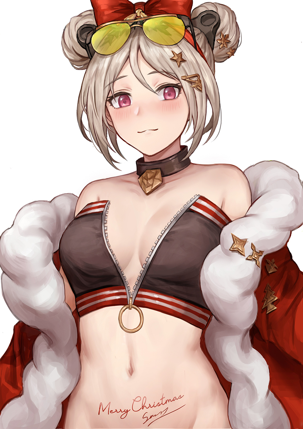 1girl, :3, bandeau, bare_shoulders, black_choker, bow, breasts, choker