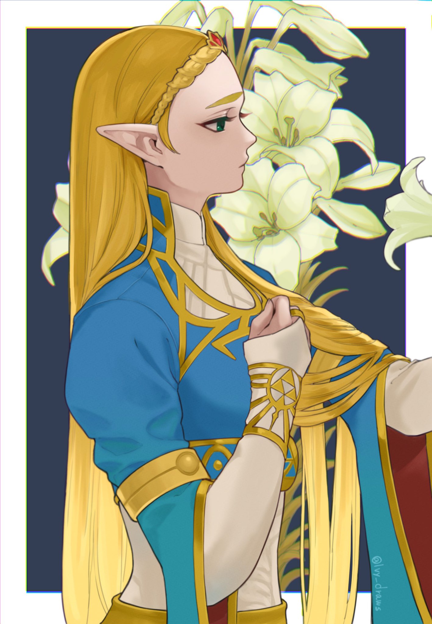 1girl, bangs, black_background, blonde_hair, blue_eyes, border, braid, bridal_gauntlets, flower, from_side, green_eyes, hair_ornament, hairclip, hands_up, highres, iva_(sena0119), long_hair, long_sleeves, outside_border, parted_bangs, pointy_ears, princess_zelda, profile, solo, the_legend_of_zelda, the_legend_of_zelda:_breath_of_the_wild, tiara, triforce, upper_body, white_border, white_flower