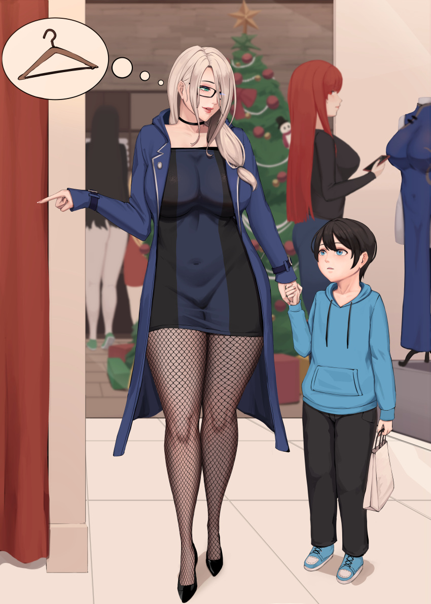 1boy, 1girl, absurdres, bag, black-framed_eyewear, black_choker, black_footwear, black_legwear