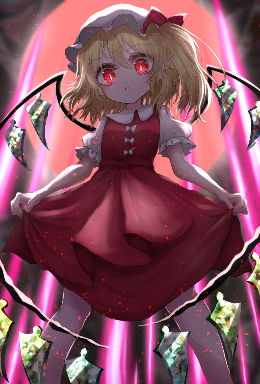 1girl, blonde_hair, bright_pupils, commentary_request, expressionless, eyebrows_visible_through_hair, feet_out_of_frame, flandre_scarlet