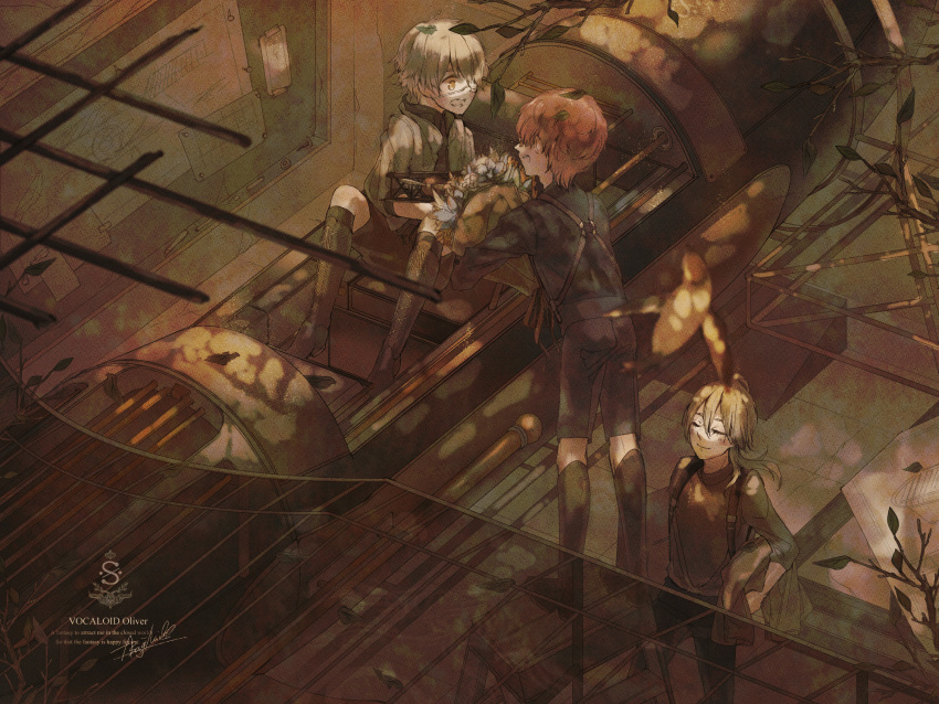 3boys, aircraft, airplane, apron, as.n, bird, blonde_hair, blurry_foreground