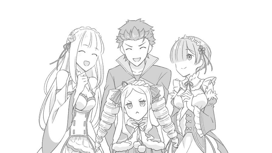 +_+, 4girls, :<, akikan_ooo, bangs, beatrice_(re:zero), capelet, closed_eyes