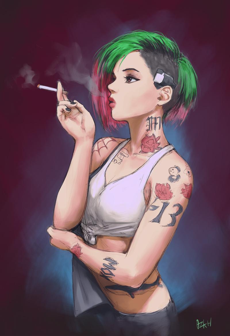 1girl, arm_tattoo, asymmetrical_hair, black_hair, black_nails, breasts, brown_eyes, chest_tattoo
