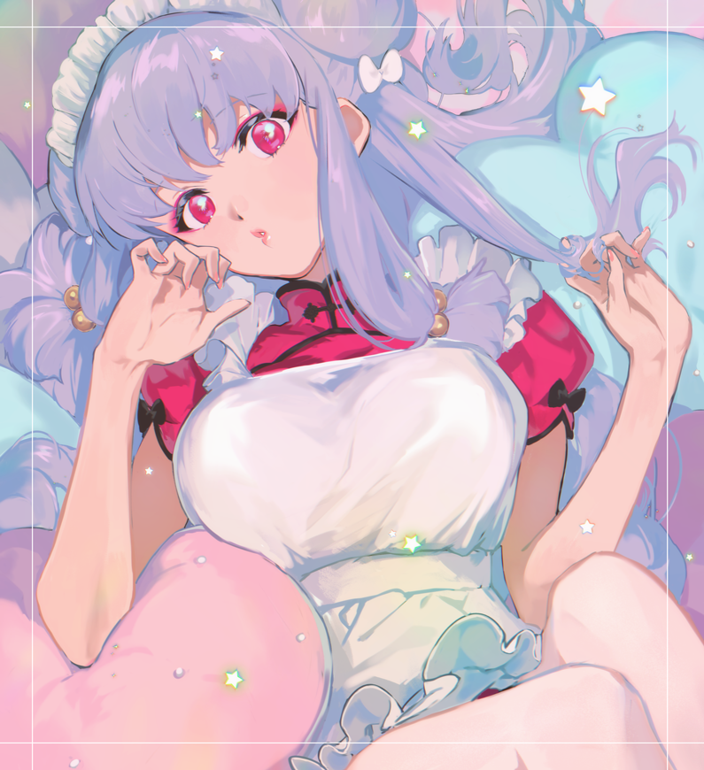 1girl, apron, bangs, black_bow, bow, breasts, double_bun, eyebrows_visible_through_hair