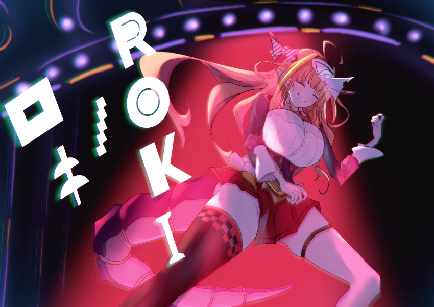 1girl, absurdres, ahoge, air_guitar, asymmetrical_legwear, bangs, black_bow, black_hairband
