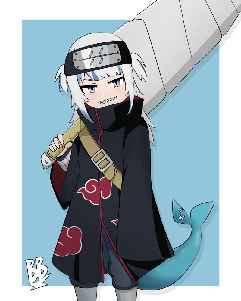 akatsuki_uniform, briggbragg, cosplay, fish_tail, forehead_protector, gawr_gura, holding, holding_weapon, hololive, hoshigaki_kisame, hoshigaki_kisame_(cosplay), huge_weapon, kirigakure_symbol, naruto_(series), samehada_(naruto), shark, shark_tail, sharp_teeth, sword, tail, teeth, virtual_youtuber, weapon