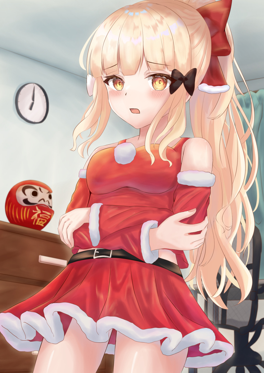 1girl, bangs, black_bow, blonde_hair, blush, bow, breasts, christmas
