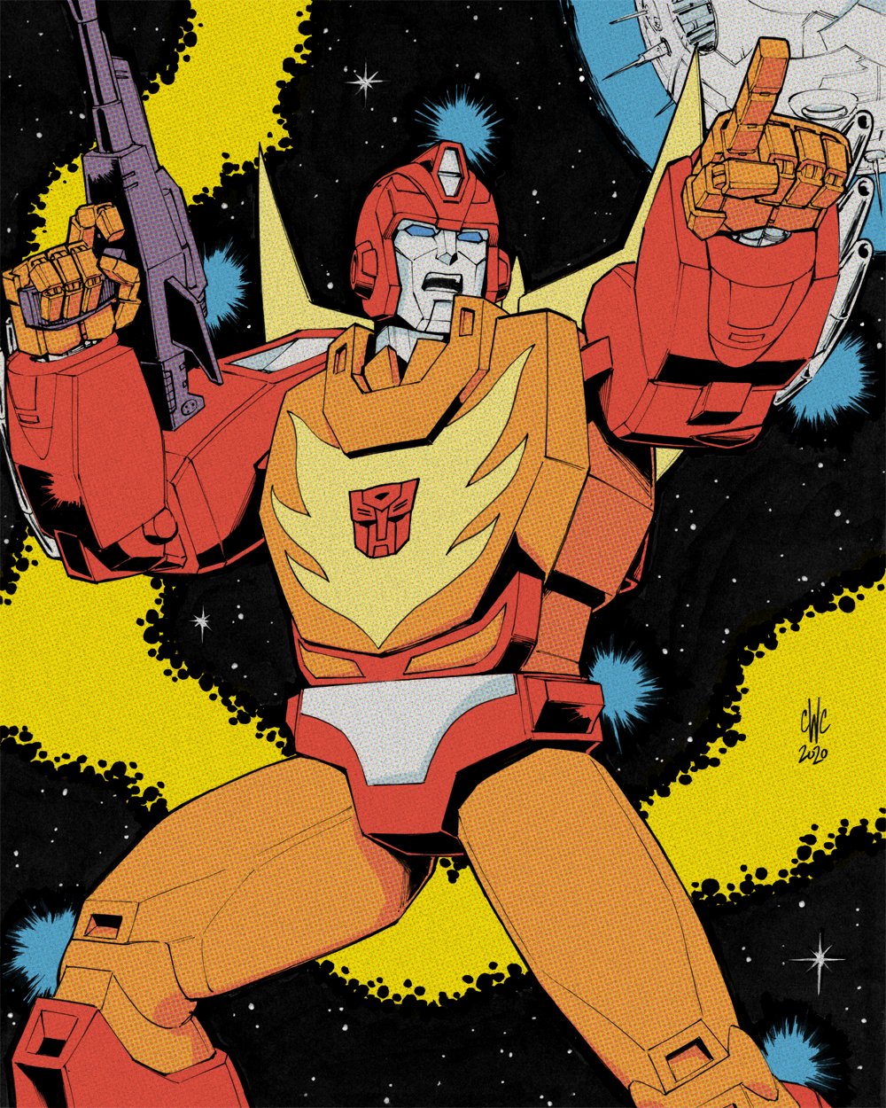1980s_(style), 1boy, autobot, blue_eyes, casey_w._coller, english_commentary, gun, highres