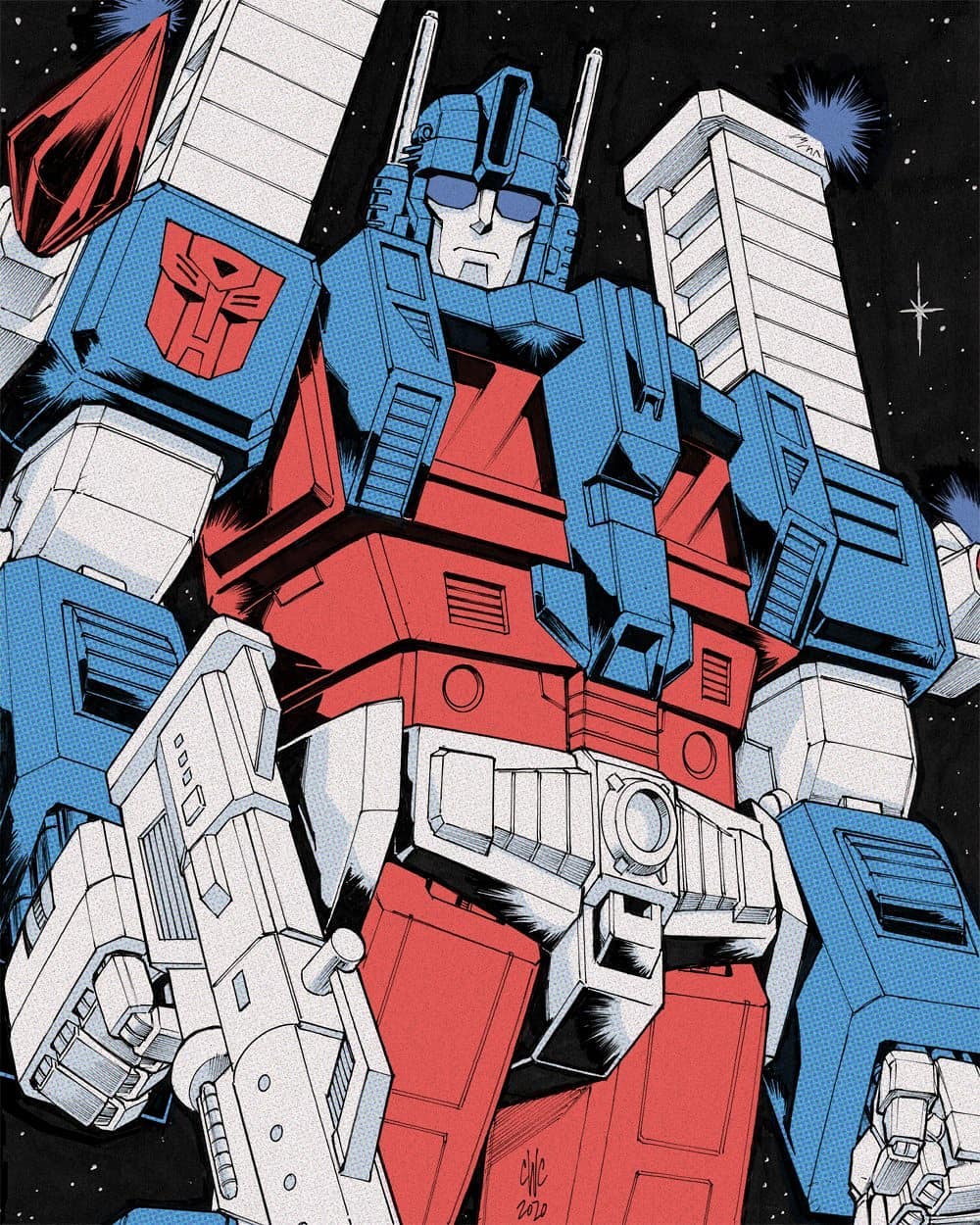 1980s_(style), 1boy, autobot, blue_eyes, casey_w._coller, clenched_hand, gun, highres