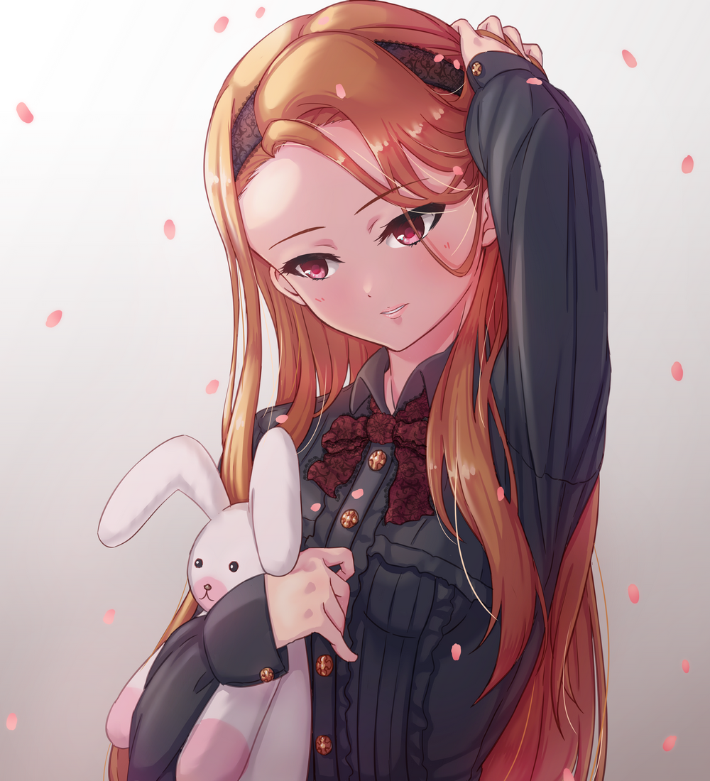 1girl, black_hairband, black_shirt, blush, bow, bowtie, brown_hair, collared_shirt