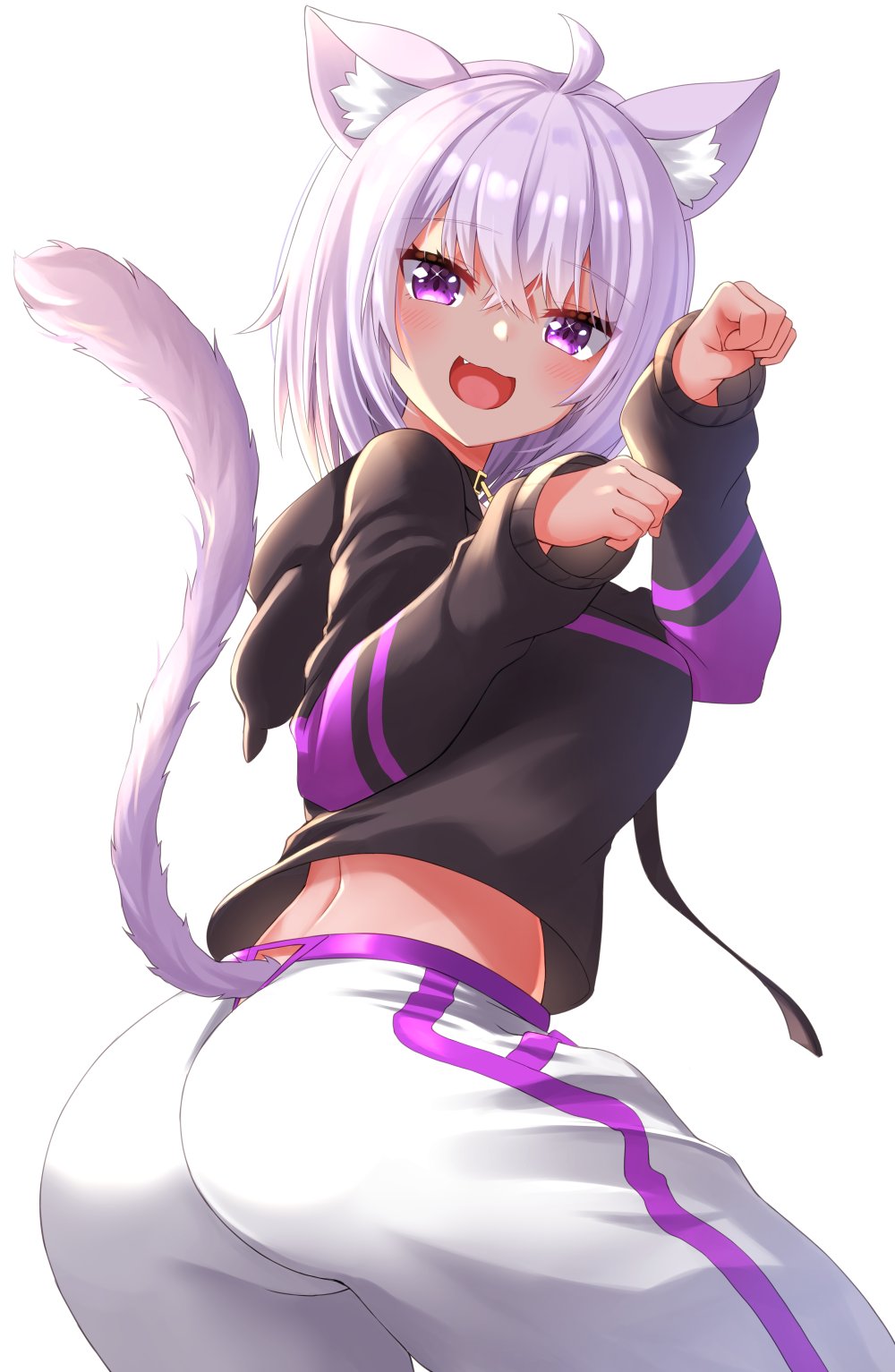 1girl, :3, :d, ahoge, ako_suke, animal_ear_fluff, animal_ears, ass, cat_ears, cat_tail, cowboy_shot, fang, from_behind, highres, hololive, hood, hood_down, hoodie, long_sleeves, looking_at_viewer, looking_back, nekomata_okayu, open_mouth, pants, paw_pose, purple_hair, short_hair, simple_background, smile, solo, tail, violet_eyes, virtual_youtuber, white_background