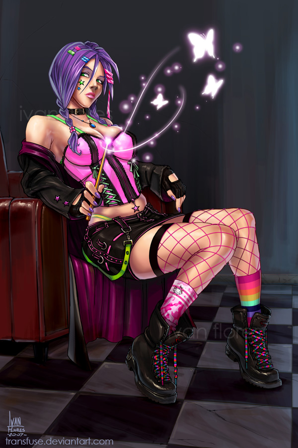breasts, bustier, butterflies, butterfly, checkered, checkered_floor, cleavage, fingerless_gloves