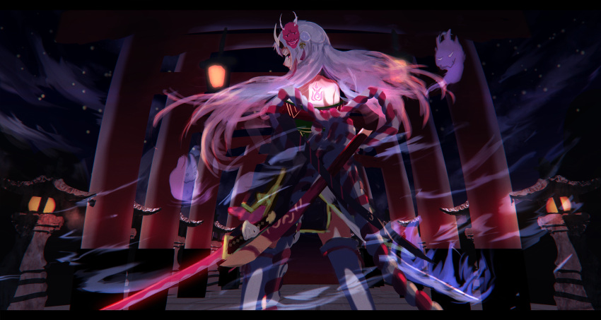 1girl, back, back_tattoo, bell, black_kimono, closed_mouth, commentary, cowboy_shot, dual_wielding, flaming_sword, flaming_weapon, floating_hair, from_behind, ftjysopc, glowing, glowing_sword, glowing_weapon, gradient_hair, hair_bell, hair_bun, hair_ornament, highres, hitodama, holding, holding_sword, holding_weapon, hololive, horns, japanese_clothes, katana, kimono, kouhaku_nawa, lantern, long_hair, looking_at_viewer, looking_back, mask, mask_on_head, multicolored_hair, nakiri_ayame, night, night_sky, off-shoulder_kimono, oni_horns, oni_mask, poyoyo_(nakiri_ayame), redhead, scabbard, sheath, silver_hair, sky, smile, solo, standing, streaked_hair, sword, tattoo, thigh-highs, torii, two-tone_hair, virtual_youtuber, weapon, white_legwear