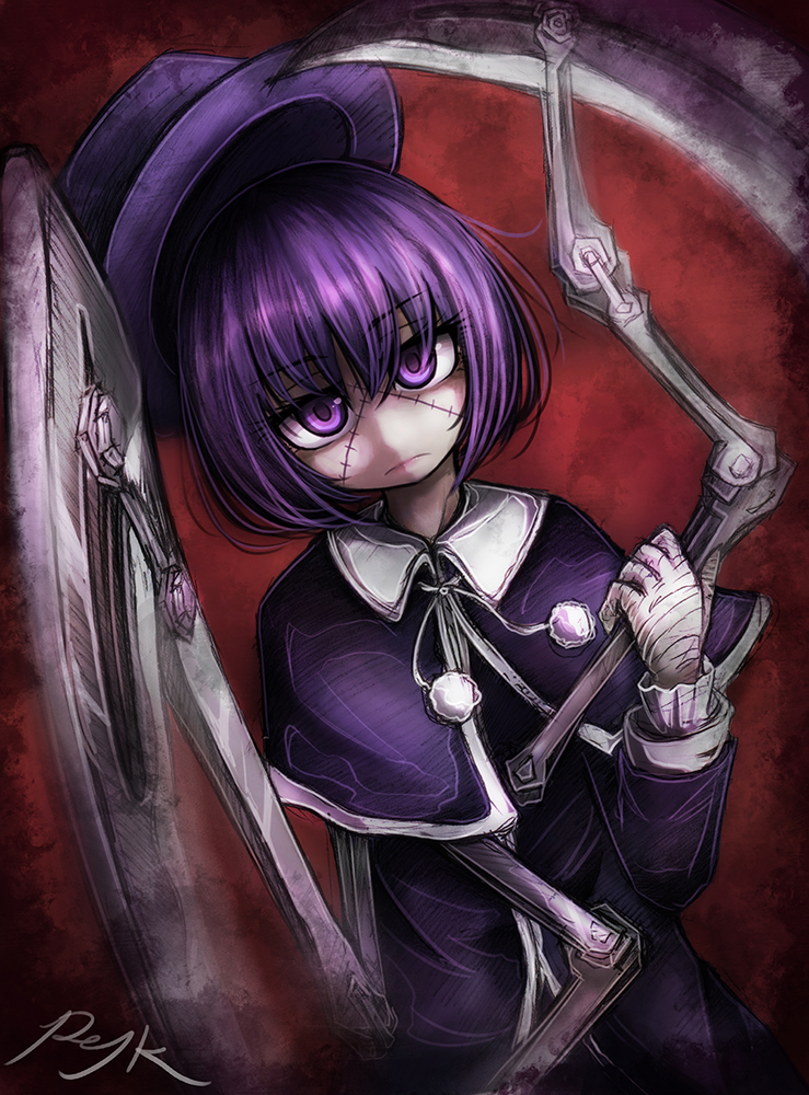 1girl, artist_name, bandaged_hands, bandages, bob_cut, capelet, expressionless, eyebrows_visible_through_hair