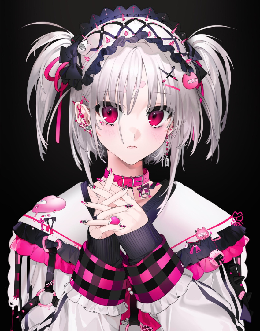 1girl, bandaid, bandaid_on_forehead, bandaid_on_neck, beads, black_background, black_bow, black_nails