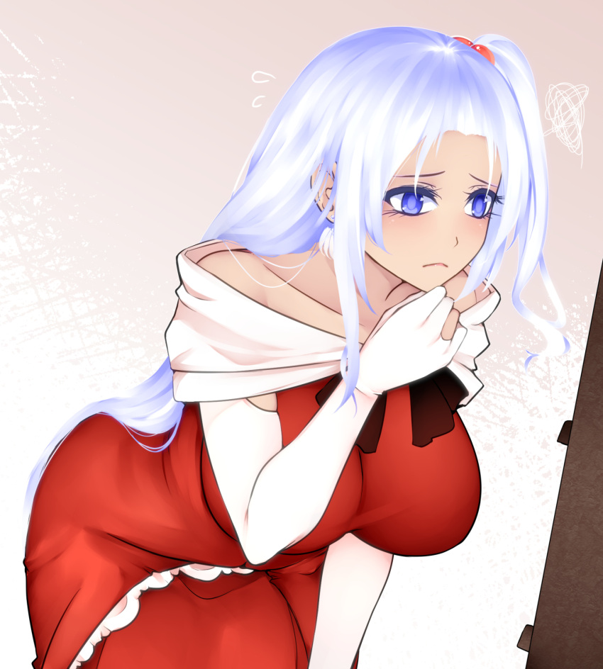 1girl, adapted_costume, aoshima, bangs, bare_shoulders, bent_over, blue_eyes, blue_pupils