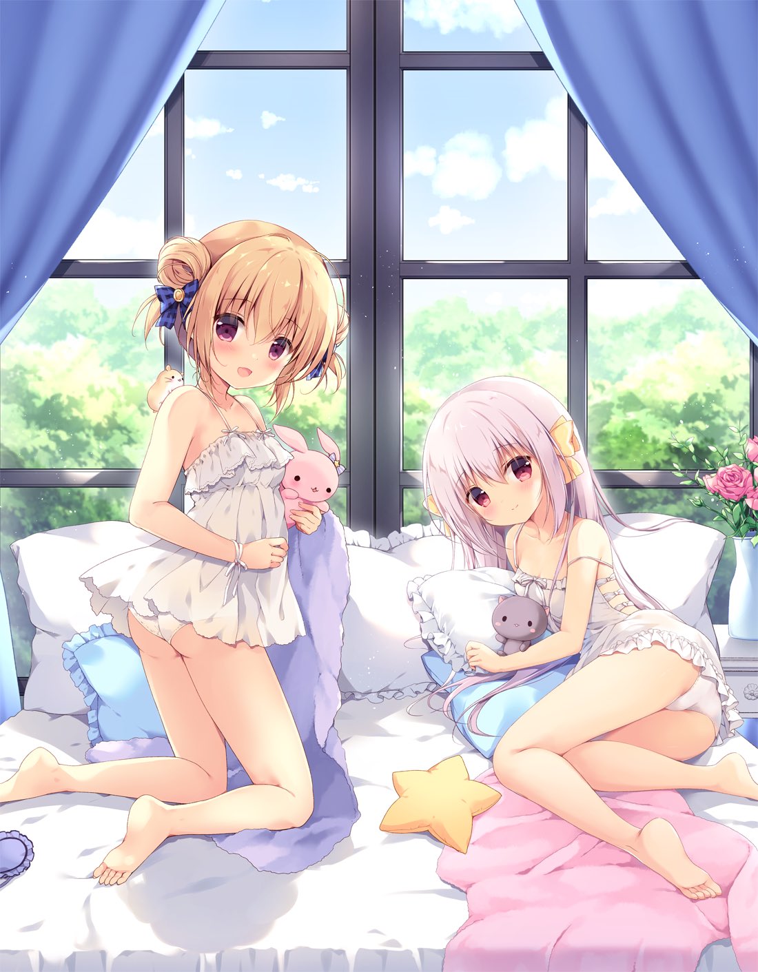 2girls, :d, ass, bangs, bare_arms, bare_legs, bare_shoulders, barefoot