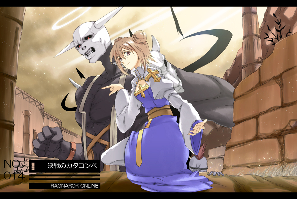 1girl, 2others, archbishop_(ragnarok_online), bangs, black_skin, blonde_hair, blue_dress, brick_wall