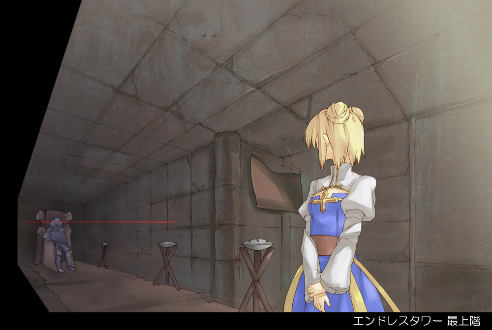 1girl, 1other, archbishop_(ragnarok_online), armor, banner, black_background, blonde_hair, blue_dress, brazier, brick_wall, brown_carpet, brown_sash, carpet, choukichi, cleavage_cutout, clothing_cutout, commentary_request, cowboy_shot, cross-section, double_bun, dress, full_body, glowing, glowing_eyes, indoors, juliet_sleeves, long_sleeves, looking_at_another, looking_to_the_side, naght_sieger, own_hands_together, puffy_sleeves, ragnarok_online, red_eyes, short_hair, simple_background, sitting, standing, throne, translated, white_dress