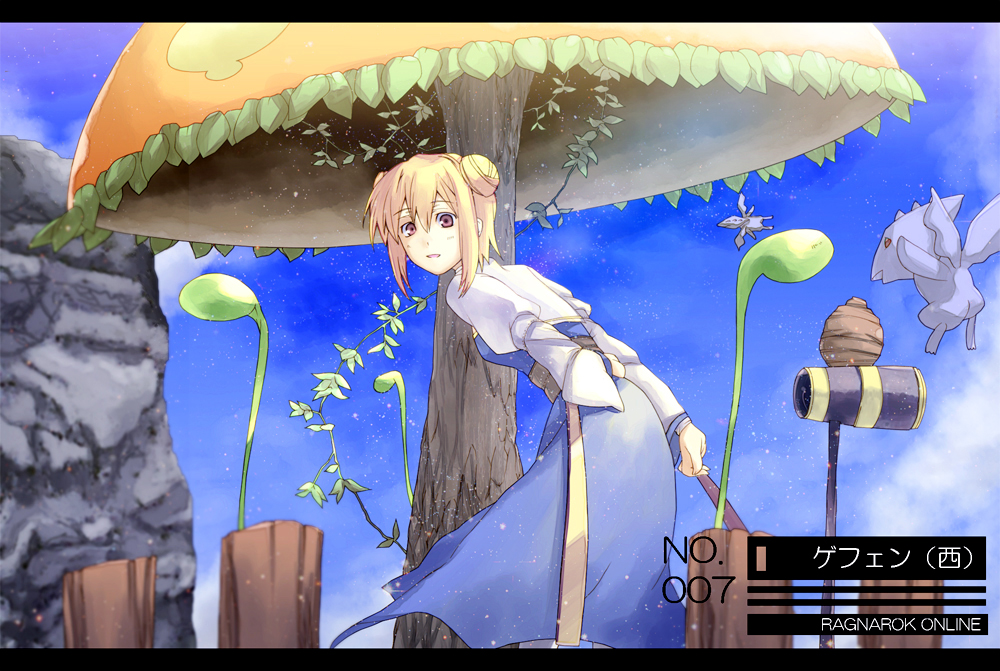 1girl, archbishop_(ragnarok_online), arm_behind_back, bangs, blonde_hair, blue_dress, brown_sash, choukichi, clouds, commentary_request, copyright_name, cowboy_shot, double_bun, dragon, dress, eyebrows_visible_through_hair, flying, giant_mushroom, hair_between_eyes, hornet_nest, juliet_sleeves, letterboxed, long_sleeves, looking_at_another, looking_at_viewer, looking_back, mushroom, number, open_mouth, petite_(ragnarok_online), pink_eyes, plant, puffy_sleeves, ragnarok_online, rock, short_hair, sky, standing, telescope, translated, two-tone_dress, vines, white_dress