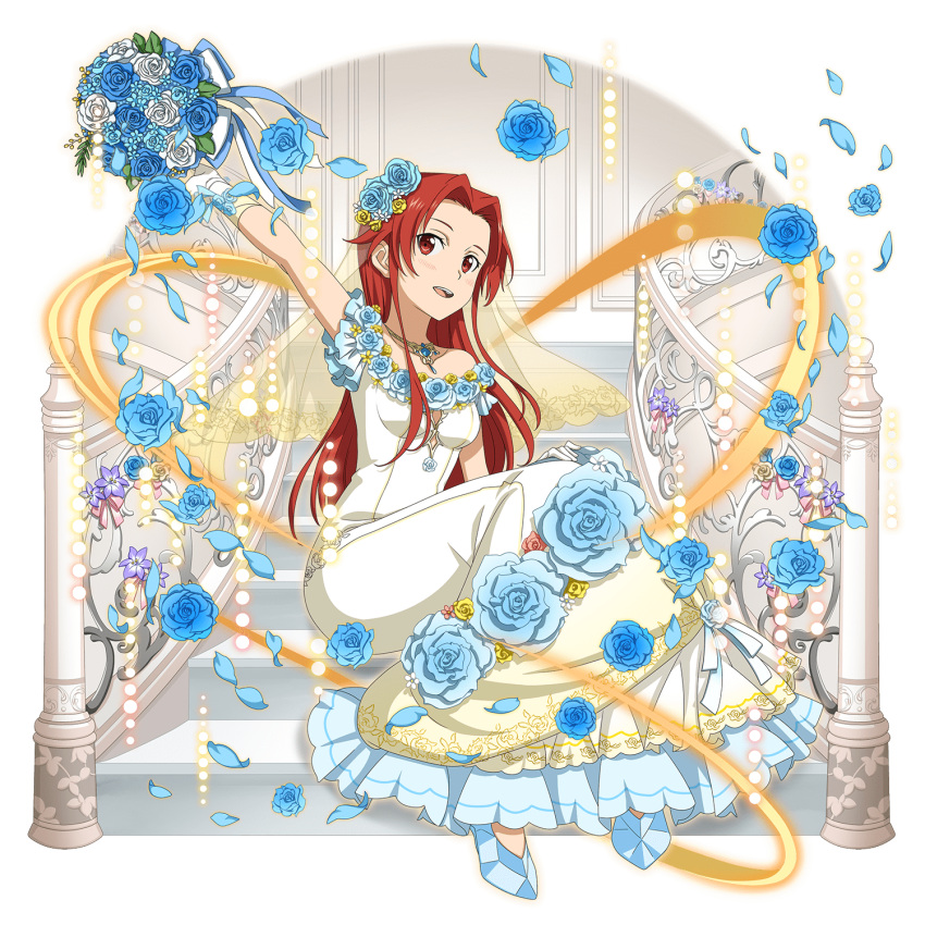 1girl, 2134, :d, airlines, arm_up, blue_flower, blue_footwear, blue_rose