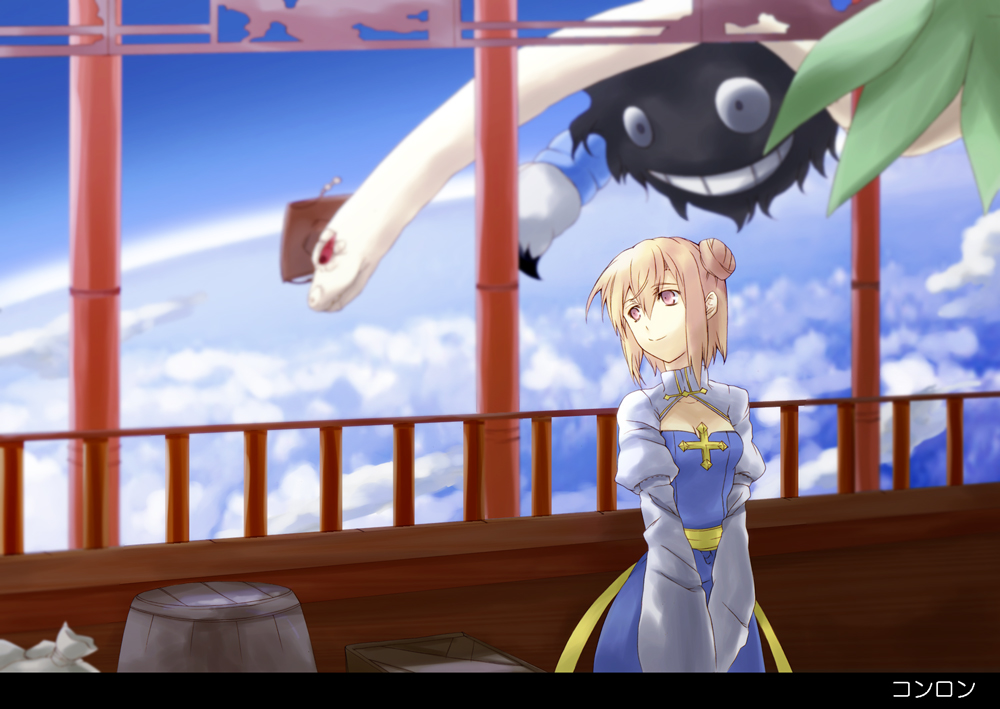 1girl, above_clouds, archbishop_(ragnarok_online), bag, bangs, barrel, black_eyes, blonde_hair