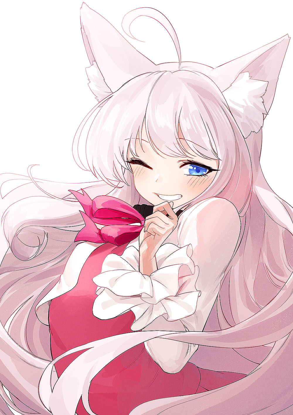 1girl, ahoge, animal_ear_fluff, animal_ears, bangs, black_collar, blue_eyes, blush