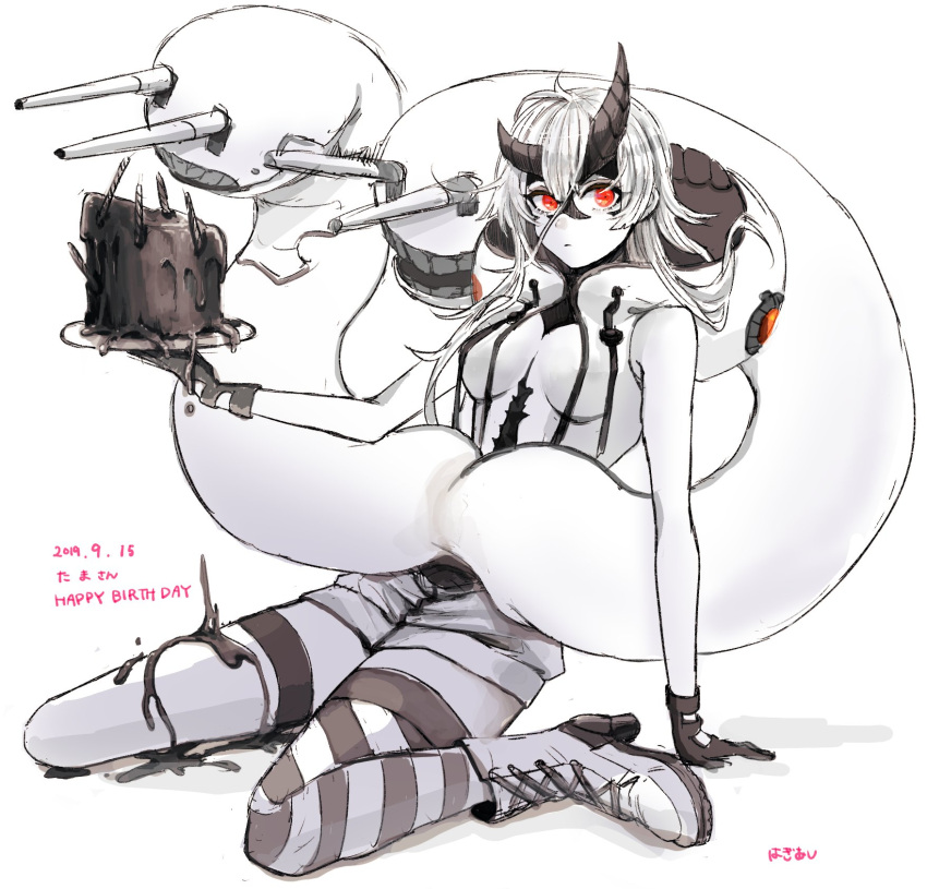1girl, abyssal_ship, asymmetrical_horns, asymmetrical_legwear, bangs, birthday_cake, black_gloves, breasts