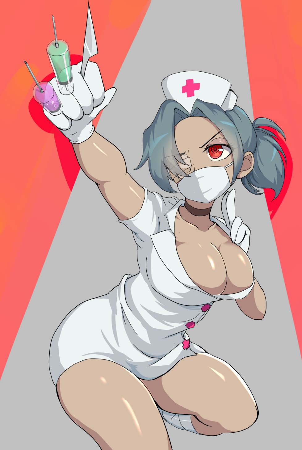1girl, action_pose, breasts, chamane, choker, cleavage, collarbone, curvy
