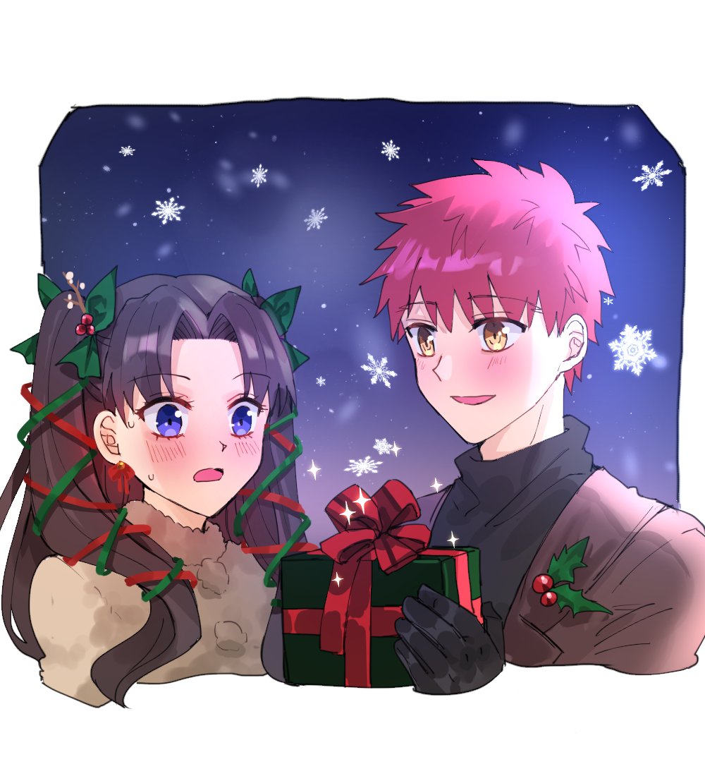 1boy, 1girl, appleale19, black_hair, blue_eyes, blush, christmas, christmas_ornaments, emiya_shirou, fate/stay_night, fate_(series), gift, long_hair, mistletoe, redhead, short_hair, snow, snowflakes, snowing, tohsaka_rin, twintails, two_side_up, yellow_eyes