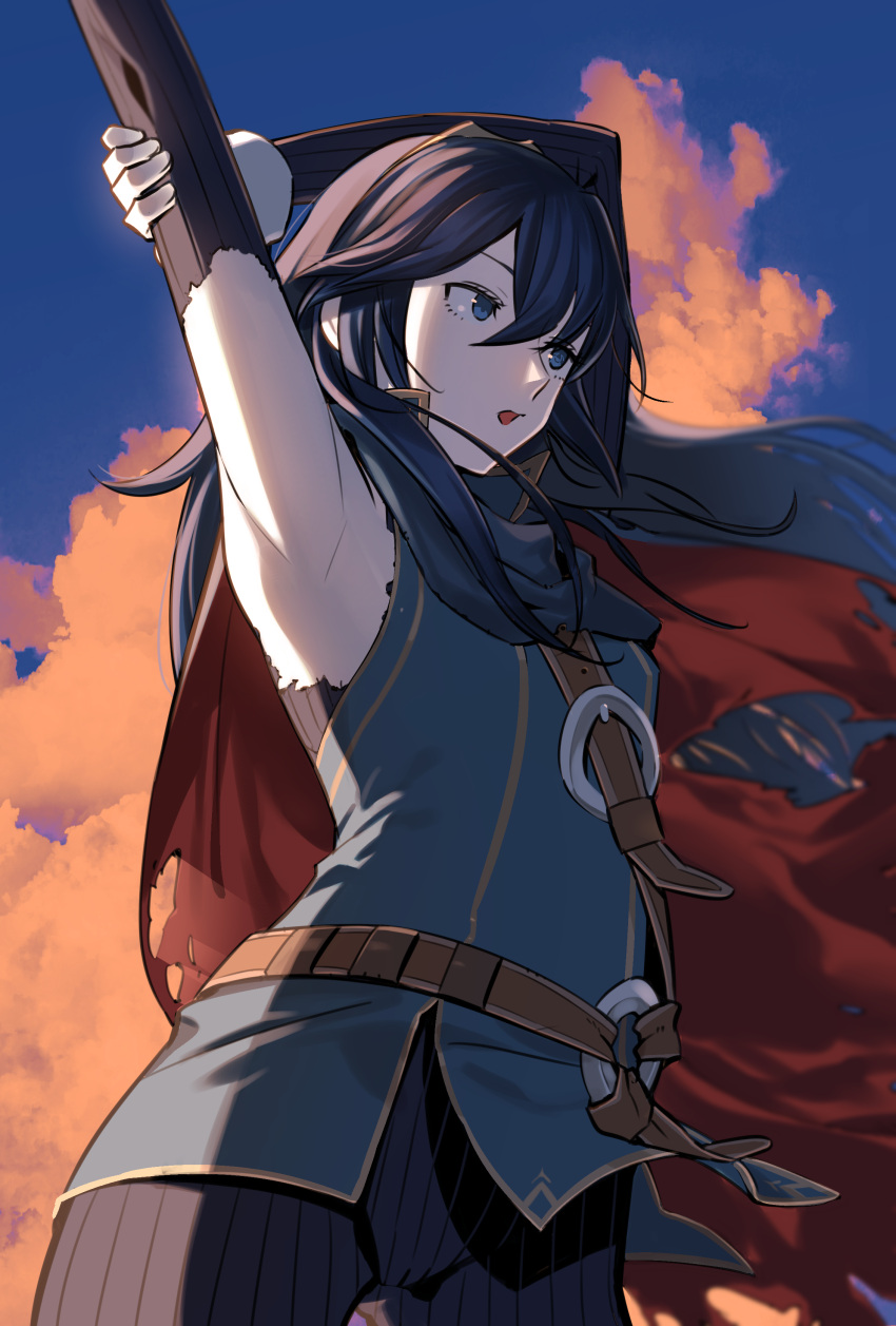 absurdres, arm_up, armpits, arms_behind_head, bangs, belt, blue_eyes, blue_hair