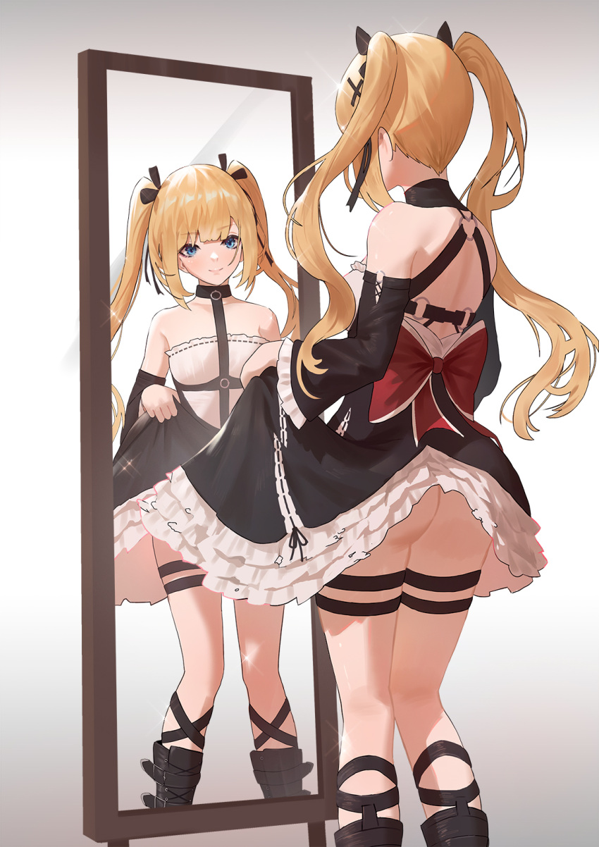 1girl, ass, back, bangs, bare_shoulders, blonde_hair, blue_eyes, cirilla