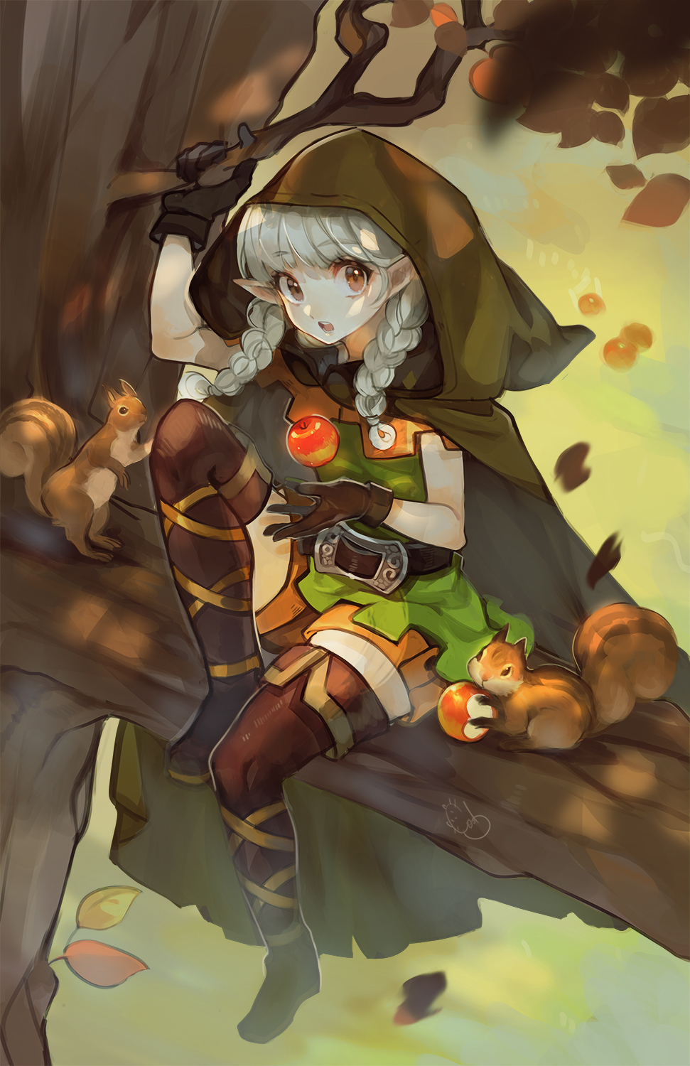 1girl, alpaca_carlesi, apple, boots, braid, brown_eyes, cloak, commentary