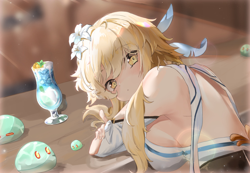 1girl, absurdres, backless_outfit, bare_shoulders, blonde_hair, breasts, dress, elphe
