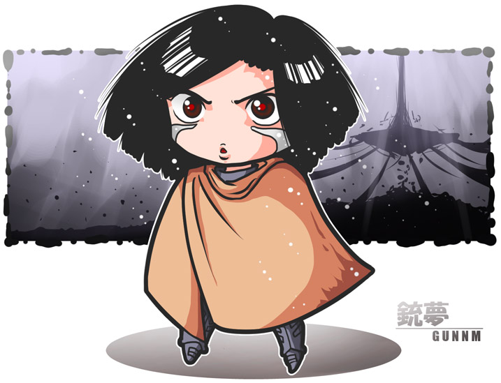 1girl, black_hair, cape, chibi, commentary_request, copyright_name, full_body, furrowed_eyebrows