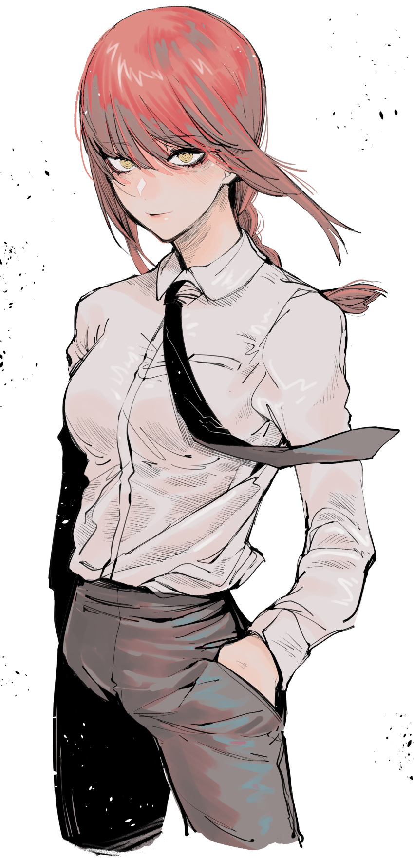 1girl, absurdres, arm_at_side, black_neckwear, black_pants, breasts, chainsaw_man, character_name