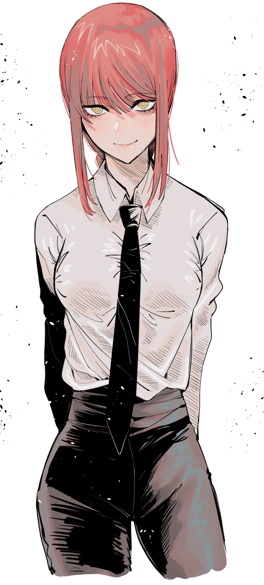1girl, absurdres, arms_behind_back, black_neckwear, black_pants, breasts, chainsaw_man, character_name, cropped_legs, dress_shirt, highres, jacket, kakult2017, long_hair, looking_at_viewer, makima_(chainsaw_man), medium_breasts, off_shoulder, pants, pink_hair, ponytail, shirt, smile, solo, white_background, white_shirt, yellow_eyes