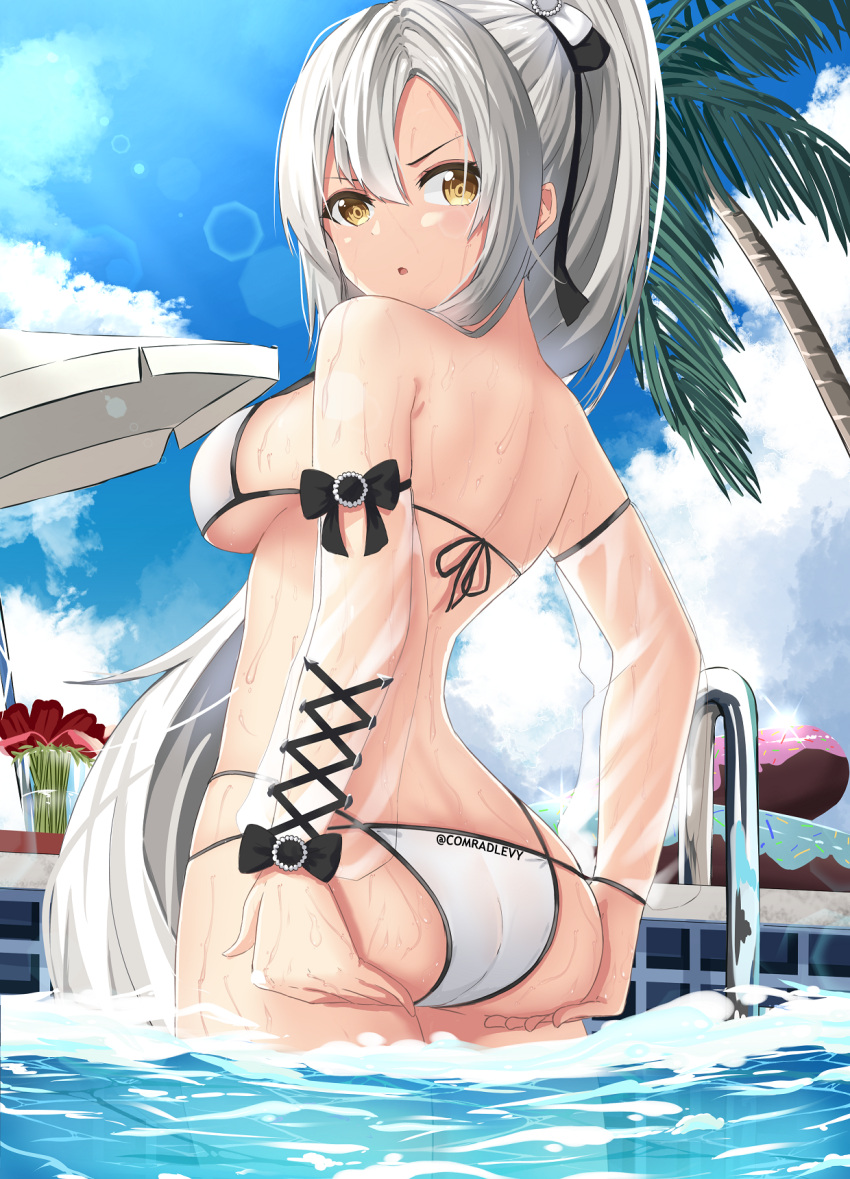 1girl, ass, azur_lane, bare_shoulders, bikini, breasts, clouds, day