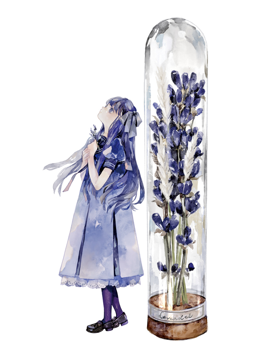 1girl, bouquet, brown_footwear, commentary_request, dress, dried_flower, flower, full_body, hair_ribbon, hands_on_own_chest, highres, lace, lace-trimmed_dress, lace_trim, lavender_(flower), looking_up, niwa_haruki, original, puffy_short_sleeves, puffy_sleeves, purple_hair, purple_legwear, purple_theme, ribbon, school_uniform, serafuku, shoes, short_sleeves, solo, standing, tube, violet_eyes