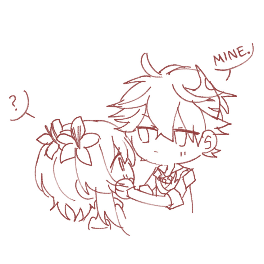 1boy, 1girl, ?, blush, chibi, closed_mouth, english_text, flower