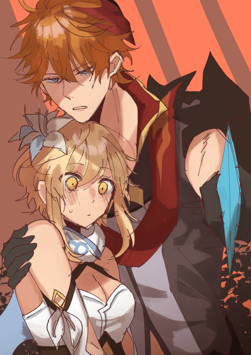 1boy, 1girl, absurdres, bangs, bare_shoulders, blonde_hair, blue_eyes, blush, breasts, detached_sleeves, dress, flower, genshin_impact, gloves, hair_between_eyes, hair_flower, hair_ornament, hetero, highres, hsteetee, hug, long_sleeves, lumine_(genshin_impact), medium_breasts, short_hair, tartaglia_(genshin_impact), traveler_(genshin_impact), white_dress, yellow_eyes