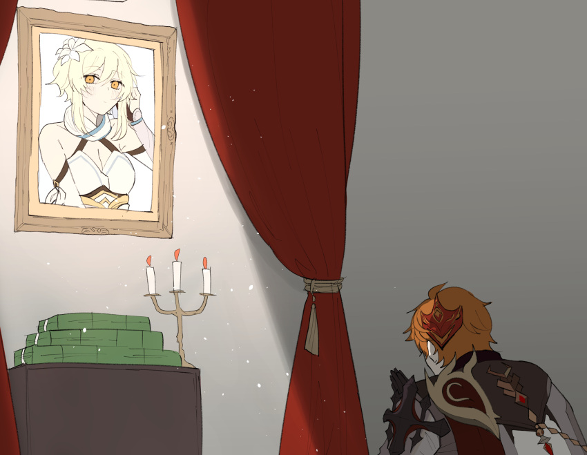 1boy, 1girl, absurdres, ahoge, bangs, bare_shoulders, blonde_hair, breasts